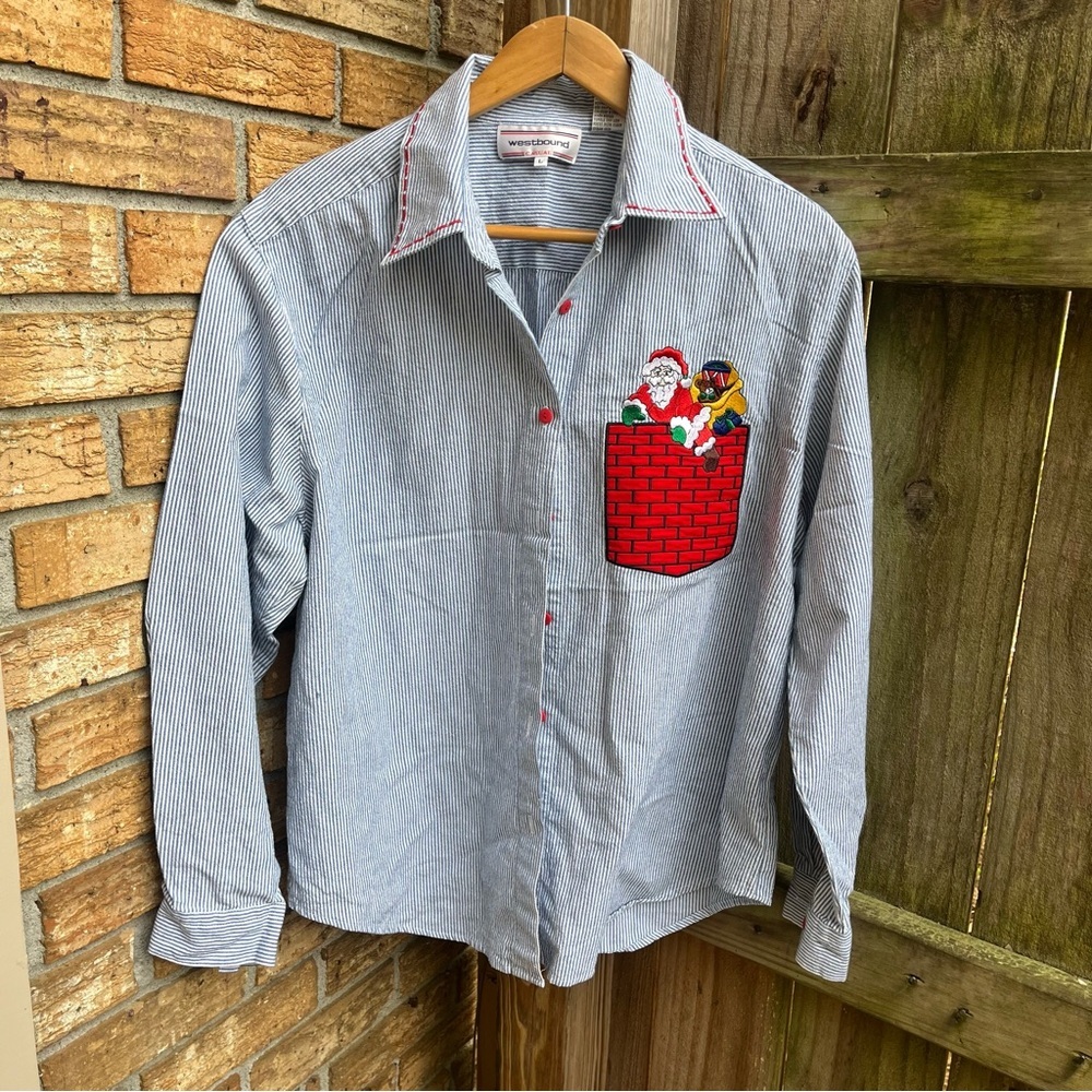 Vintage Westbound Blue and White Pinstripe Shirt with Santa Pocket